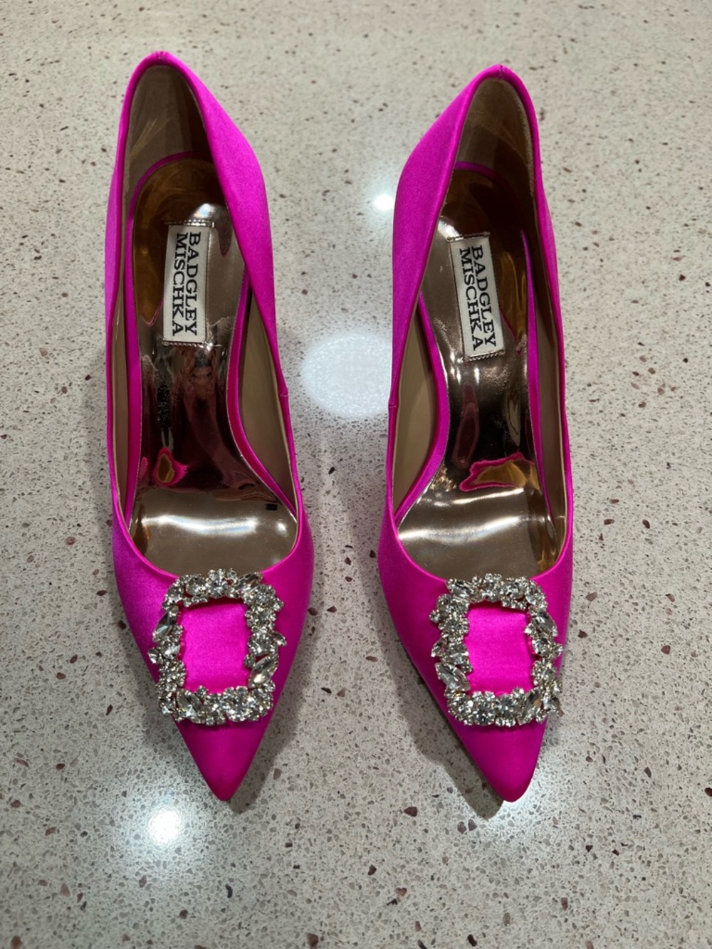 Badgley Mischka Hot Pink Satin Crystal-Buckle Pointed Pumps - Picture 2 of 8